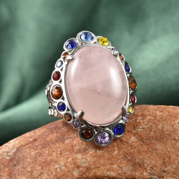 Galilea Rose Quartz and Multi Color Austrian Crystal Ring Size 10 - Picture 2 of 6